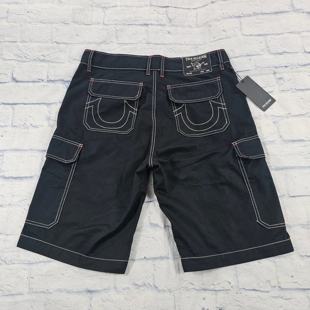 True Religion Cargo Shorts MENS 32 Jet Black Contrast Stitch Streetwear
